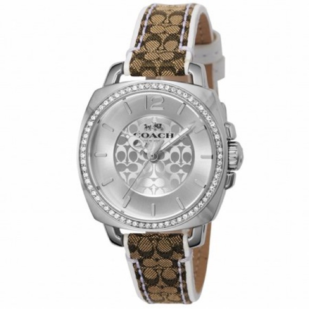 Coach women’s boyfriend leather watch silver/signature khaki